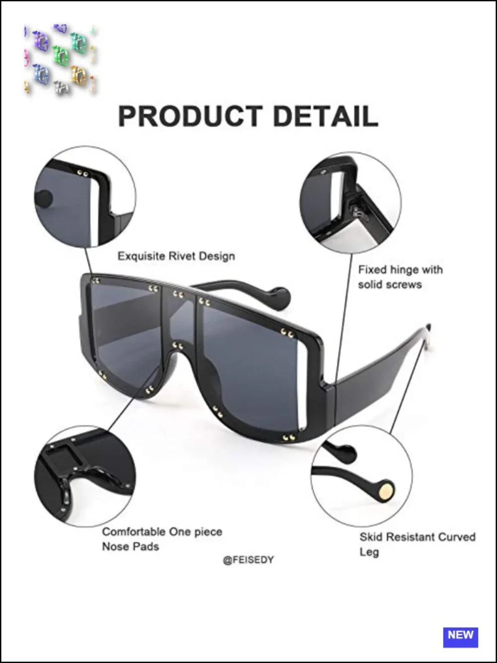 Oversized Square Sunglasses with Metal Rivets UV400 Protection Womens Fashion